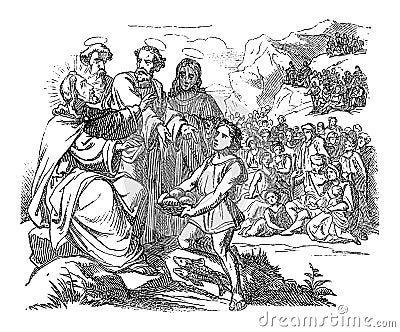 Vintage Drawing of Biblical Story of How Jesus Feeds the Five Thousand by Five Loaves and Two Fish.Bible, New Testament Vector Illustration