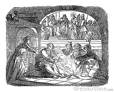 Vintage Drawing of Biblical Story of Jesus Before Annas and High Priest and Peter Denies Jesus.Bible, New Testament Vector Illustration