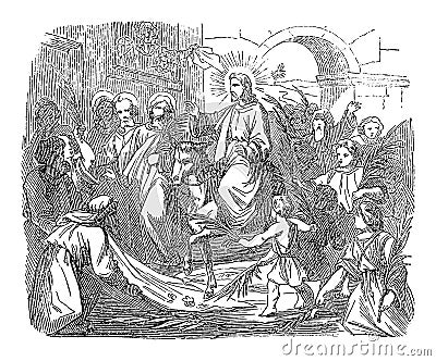 Vintage Drawing of Biblical Story of Jesus Comes to Jerusalem Triumphal as King Welcomed by Crowds.Bible, New Testament Vector Illustration
