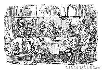 Vintage Drawing of Biblical Story of Jesus and Twelve Disciples and the Last Supper. Bible, New Testament,Matthew 26 Vector Illustration