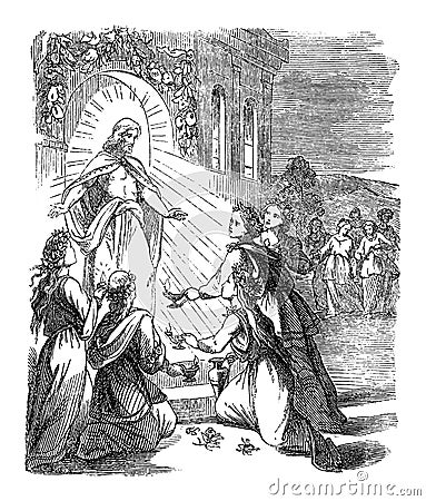 Vintage Drawing of Biblical Story of Jesus and the Parable of Ten Virgins with Lamps.Five Wise With Oil, Five Foolish Vector Illustration