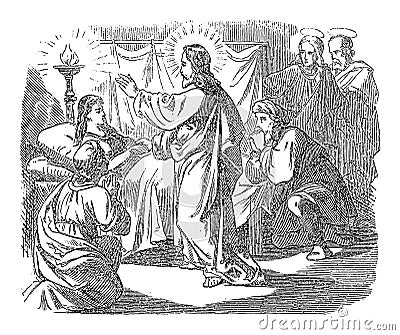 Vintage Drawing of Biblical Story of Jesus Raised Dead Girl and Healed Sick Woman.Bible, New Testament, Mark 5 Vector Illustration