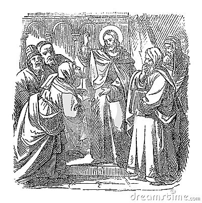 Vintage Drawing of Biblical Story of Jesus Talking with Priests and Teachers in Temple in Jerusalem about His Authority Vector Illustration