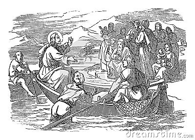 Vintage Drawing of Biblical Story of Jesus Teaching Crowd by the Lake.Parable of the Sower. Bible, New Testament,Matthew Vector Illustration