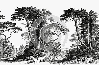 drawing landscape of ancient European forests of trees wallpaper - black and white Stock Photo