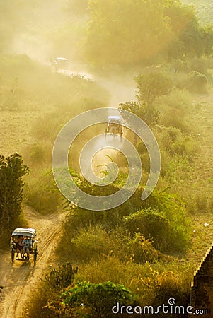 Vintage Dream blurred Horse cart at Sea bagan pagodas , Myanmar Stock Photo