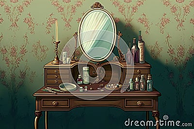 a vintage dressing table with a full-length mirror, filled with jewelry and perfume bottles Stock Photo