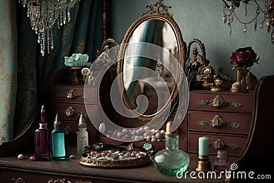 a vintage dressing table with a full-length mirror, filled with jewelry and perfume bottles Stock Photo