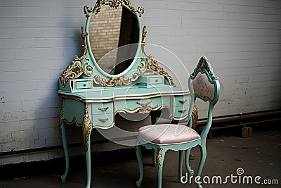 vintage dressing table with matching mirror and chair, ready for a princess or queen to get dressed Stock Photo