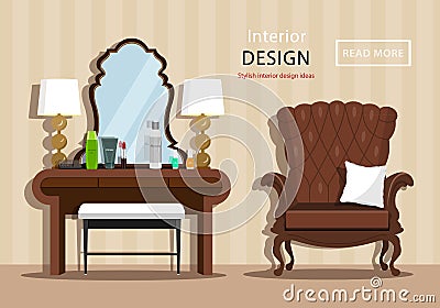 Vintage dressing table with mirror and cosmetics for a woman, little chair and armchair in house interior. Flat style. Vector Illustration