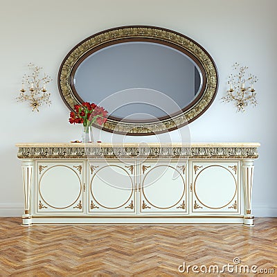 Vintage dressing table with roses on and mirror in carved frame Stock Photo