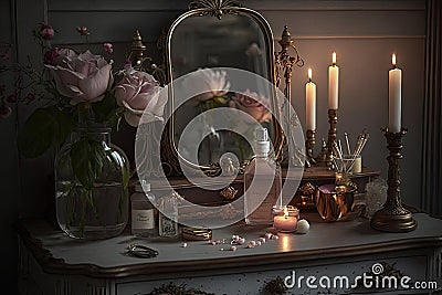 a vintage dressing table with a touch of modern and glamour, featuring candles and rose petals Stock Photo