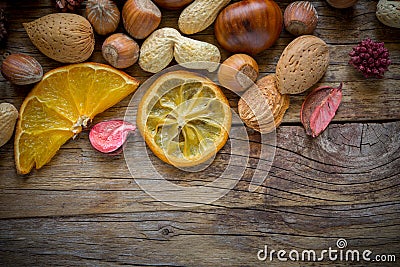 vintage dried colored flowers and dried fruits Stock Photo