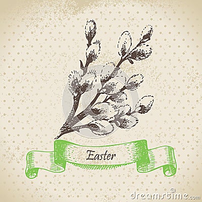 Vintage Easter background with pussy-willow. Hand Vector Illustration