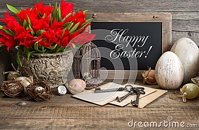 Vintage easter decoration, eggs, red tulip Stock Photo