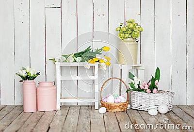 Vintage easter decoration with eggs and tulip flowers Stock Photo