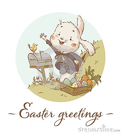 Vector Happy Easter greetings illustration with cute adorable white bunny character in jacket waving Vector Illustration