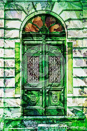 Vintage elaborate wooden door with green man Stock Photo