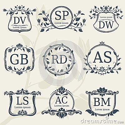 Vintage elegance wedding monograms with floral frames. Vector stock Vector Illustration