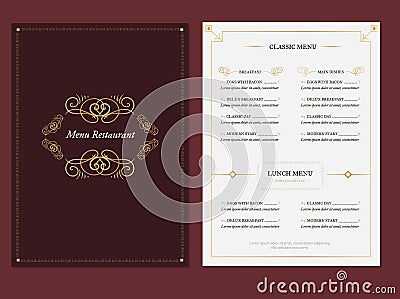 Vintage elegant menu template background for restaurant with golden frames Vector Illustration