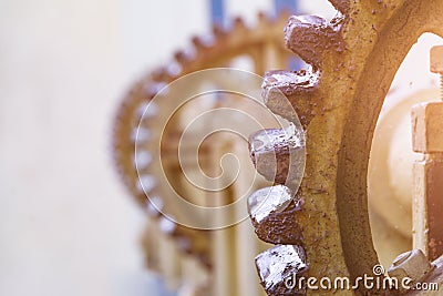 Vintage elevator gear, winch, cable, large gears for backdrop, industry Stock Photo