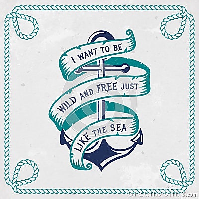 Sea emblem with anchor and ribbon. Vector illustration. Vector Illustration