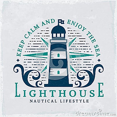 Lighthouse emblem. Vector nautical banner with grunge background. Vector Illustration