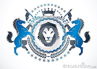 Vintage emblem made in vector heraldic design and created using graceful horses and wild lion illustration, royal crown and laurel Vector Illustration