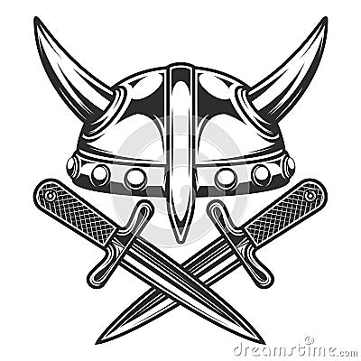 Vintage emblem with medieval nordic warrior viking horned helmet and battle knife Vector Illustration