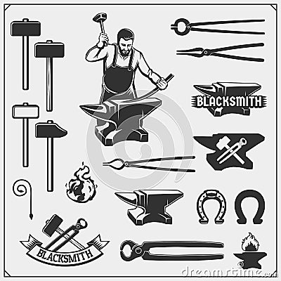 Vintage emblems for forge. Blacksmith labels, badges and design elements. Vector Illustration