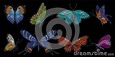 Vintage embroidered butterfly. Embroidery butterflies, insect silk stitch elements. Spring summer fashion patches Vector Illustration