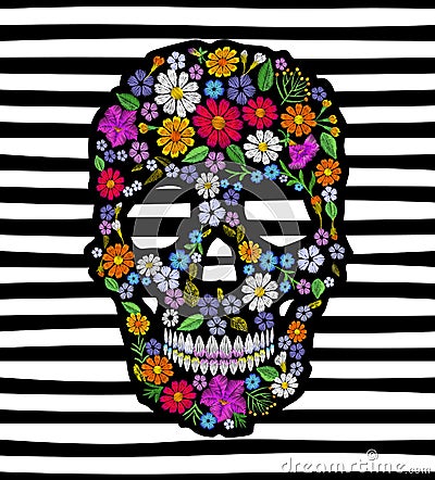 Vintage embroidered flower skull. Muertos Dead Day Fashion design decoration print. Vector Illustration
