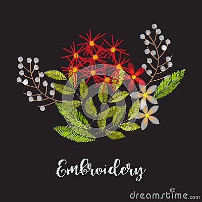 Vintage embroidery flower composition for decor Vector Illustration