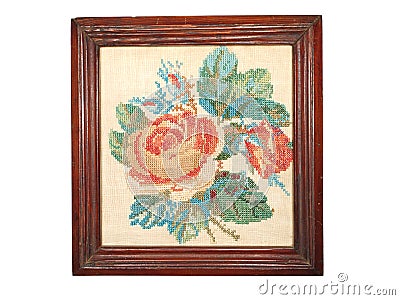 Vintage embroidery handmade wooden frame isolated on white background. Stock Photo