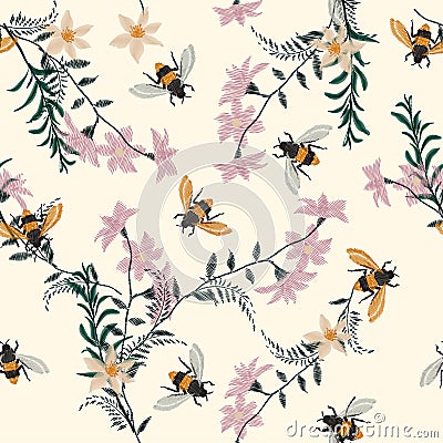 Vintage Embroidery honey bee,with wild flowers many kind of flo Stock Photo