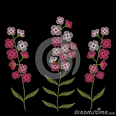 Vintage embroidery stitches with spring pink flowers forget me n Vector Illustration