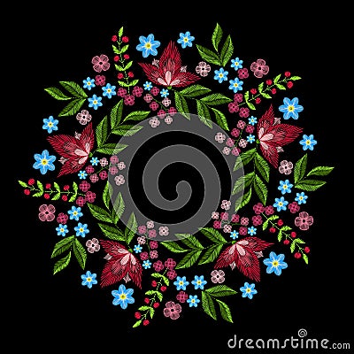 Vintage embroidery wreath with spring pink flowers forget me not Vector Illustration