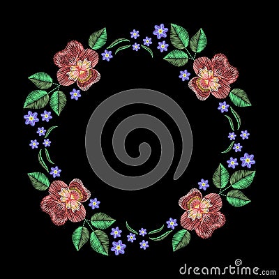 Vintage embroidery wreath with viola forget me not. Vector fashion ornament on black background for textile, fabric traditional f Vector Illustration