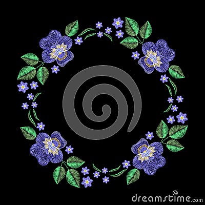 Vintage embroidery wreath with violet, forget me not. Vector fashion ornament on black background for textile, fabric traditional Vector Illustration