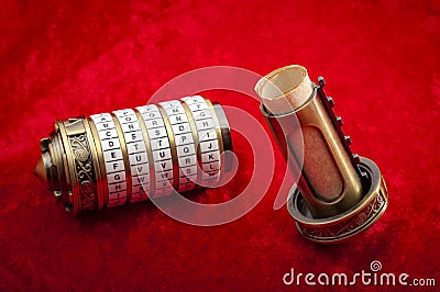 Vintage encryption and data security concept with combination puzzle box or Cryptex with secret message inside Stock Photo
