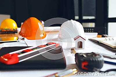 Vintage of engineer desk with a lot of things about engineering Stock Photo