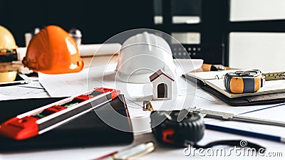 Vintage of engineer desk with a lot of things about engineering Stock Photo