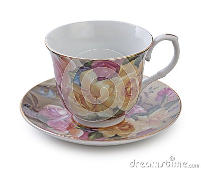 Vintage English porcelain tea cup and saucer with rich floral pattern isolated on white background Stock Photo