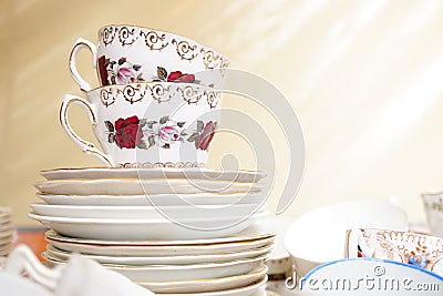 Vintage English porcelain teacups and saucers with rose and flow Stock Photo