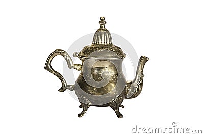 Vintage engraved silver teapot, allowing to brew tea isolated on a white background. Engraved silver Turkish teapot on a white bac Stock Photo