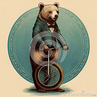 Vintage engraving of a bear riding a unicycle. Stock Photo