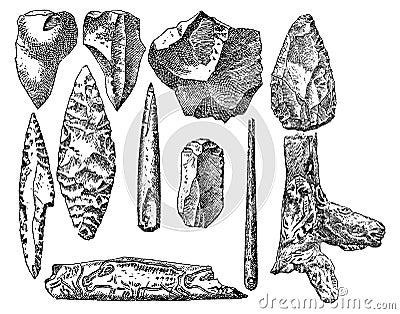 Vintage engraving set of prehistoric stone items Vector Illustration