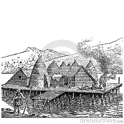 Vintage engraving of a stilt house Vector Illustration