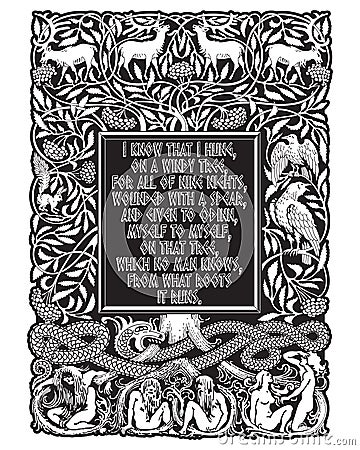 Vintage engraving. The Tree of Life in Norse mythology, animals and humans, the serpent and the sayings of the Norse God Vector Illustration
