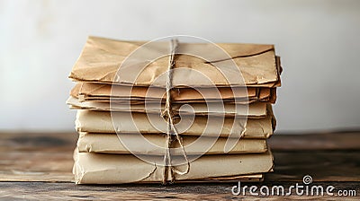 Vintage envelopes bound with twine string rest on rustic wooden table, capturing nostalgic postal theme with atm. AI generated Stock Photo
